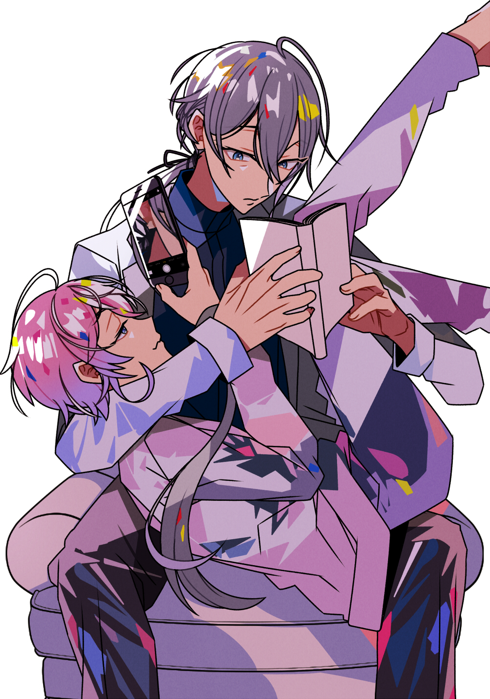 2boys :3 ahoge amemura_ramuda bishounen blue_eyes book cellphone commentary_request eyelashes full_body hair_between_eyes highres holding holding_book holding_phone hypnosis_mic legs_up long_hair looking_at_another low_ponytail lying_on_lap male_focus mezumari multiple_boys on_chair open_book phone pink_hair reading short_hair sitting smartphone taking_picture very_long_hair white_background yaoi