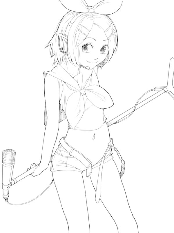 akinbo_(hyouka_fuyou) greyscale kagamine_rin microphone microphone_stand monochrome shorts solo unzipped vocaloid