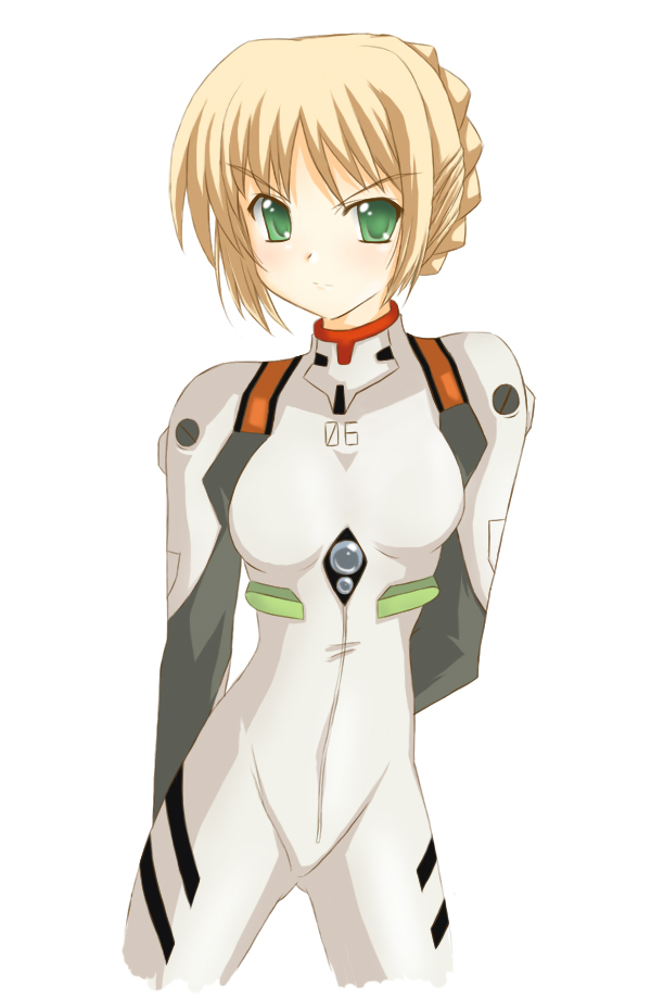 artist_request artoria_pendragon_(all) ayanami_rei ayanami_rei_(cosplay) bodysuit cosplay fate/stay_night fate_(series) neon_genesis_evangelion plugsuit saber solo white_bodysuit