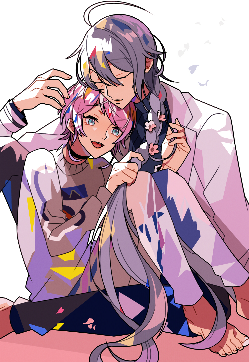 2boys ahoge amemura_ramuda barefoot between_legs bishounen black_choker blue_eyes braid braiding_hair choker closed_eyes commentary_request flower hair_flower hair_ornament hairdressing highres hypnosis_mic long_hair male_focus mezumari multiple_boys open_mouth pink_hair playing_with_another's_hair purple_hair short_hair sitting sitting_between_lap size_difference sweater very_long_hair white_background yaoi