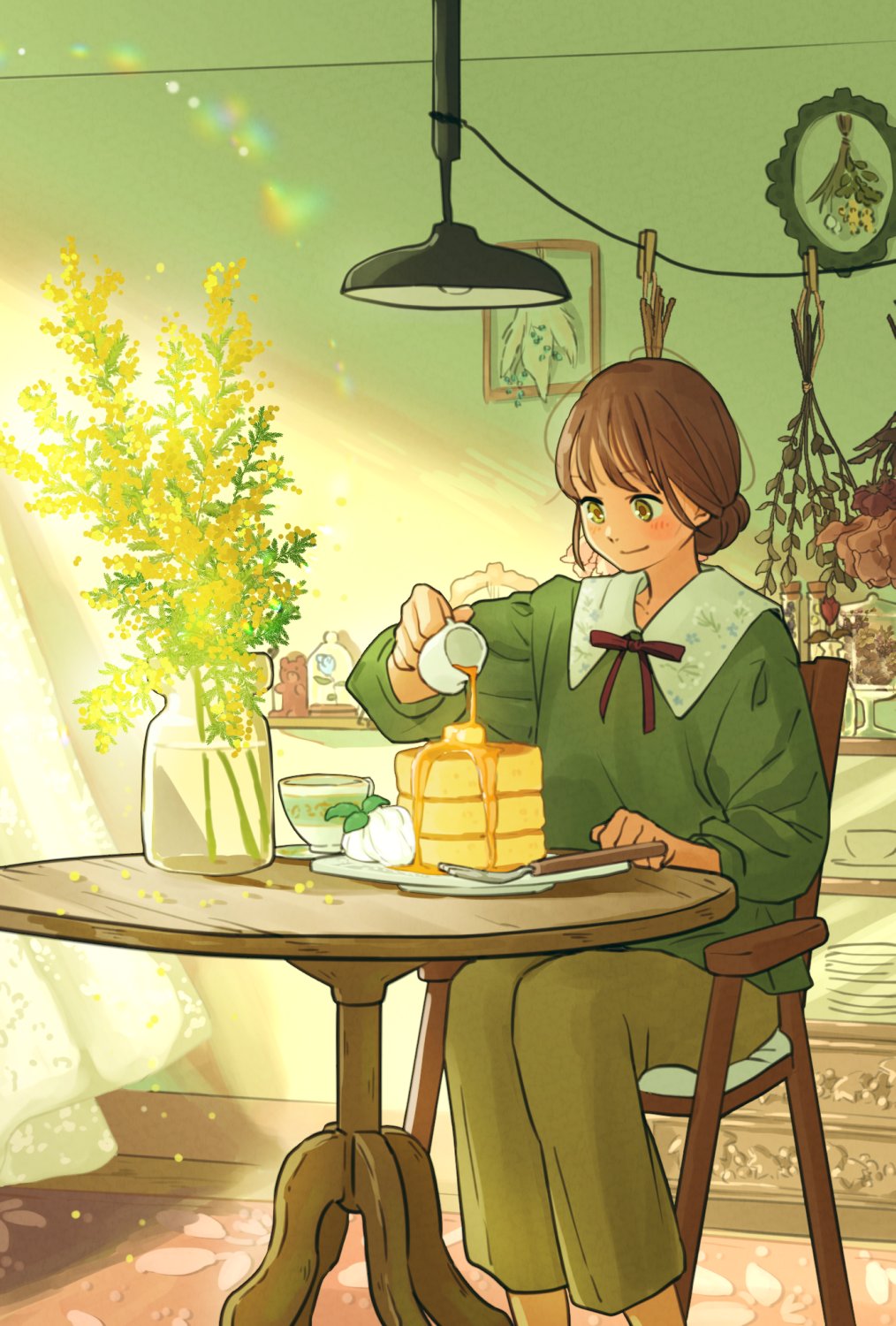 1girl blush breakfast brown_eyes brown_hair butter chair closed_mouth cup curtains drawing_(object) flower food fork green_shirt hair_bun highres holding indoors knife lamp lens_flare long_sleeves looking_down maple_syrup neck_ribbon on_chair original painting_(object) pancake pancake_stack pants picture_frame plant plate potted_plant pouring ribbon shirt single_hair_bun sitting skirt smile solo spoon sunlight syrup table twin-mix vase window