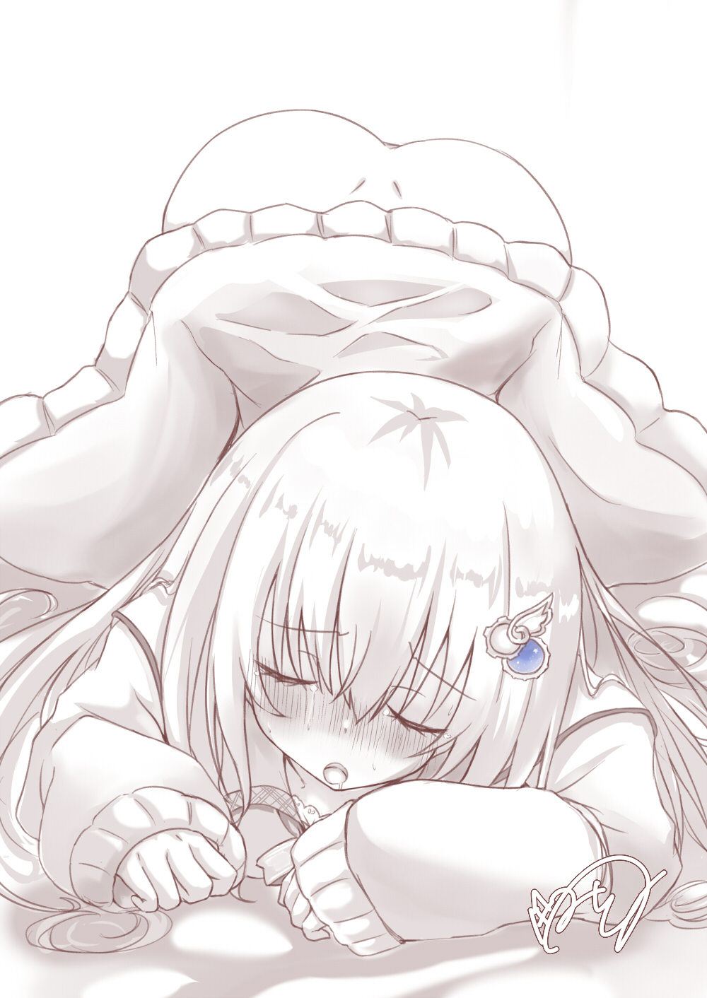 1girl 9-nine- arm_support ass blush cardigan clenched_hands closed_eyes commentary drooling eyelashes facing_viewer gear_hair_ornament hair_between_eyes hair_spread_out highres kujou_miyako long_hair lying monochrome mouth_drool no_panties nose_blush on_stomach open_mouth signature simple_background sleeves_past_wrists solo star_(symbol) sweat teacat310 top-down_bottom-up white_background wing_hair_ornament