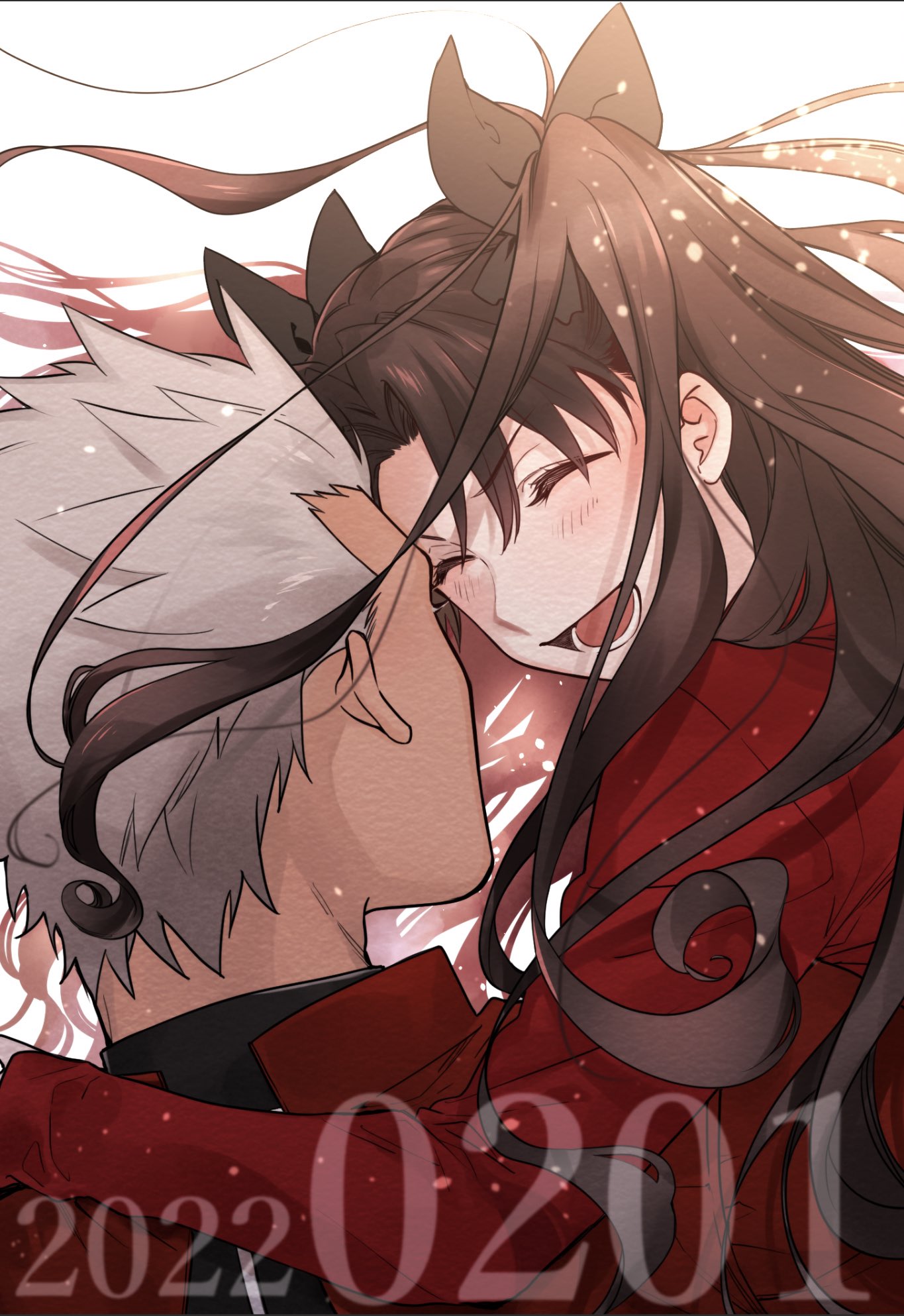 1boy 1girl 2022 ^_^ archer_(fate) back black_bow blush bow brown_hair carrying carrying_person close-up closed_eyes commentary_request dated fate/stay_night fate_(series) floating_hair grey_hair hair_bow highres jacket long_hair long_sleeves looking_at_another open_mouth ran_(ran_0605) red_jacket smile spiked_hair tohsaka_rin two_side_up upper_body white_background