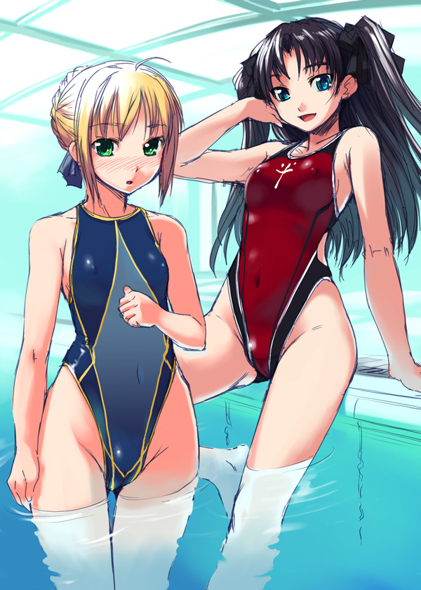 adjusting_hair ahoge artoria_pendragon_(all) bare_shoulders barefoot black_hair blonde_hair blue_eyes blush bosshi breasts competition_swimsuit covered_navel covered_nipples fate/stay_night fate_(series) flat_chest green_eyes hair_bun hair_up highleg highleg_swimsuit leg_lift long_hair long_legs looking_at_viewer medium_breasts multiple_girls one-piece_swimsuit open_mouth pool saber sketch small_breasts swimsuit thigh_gap toosaka_rin two_side_up wading water