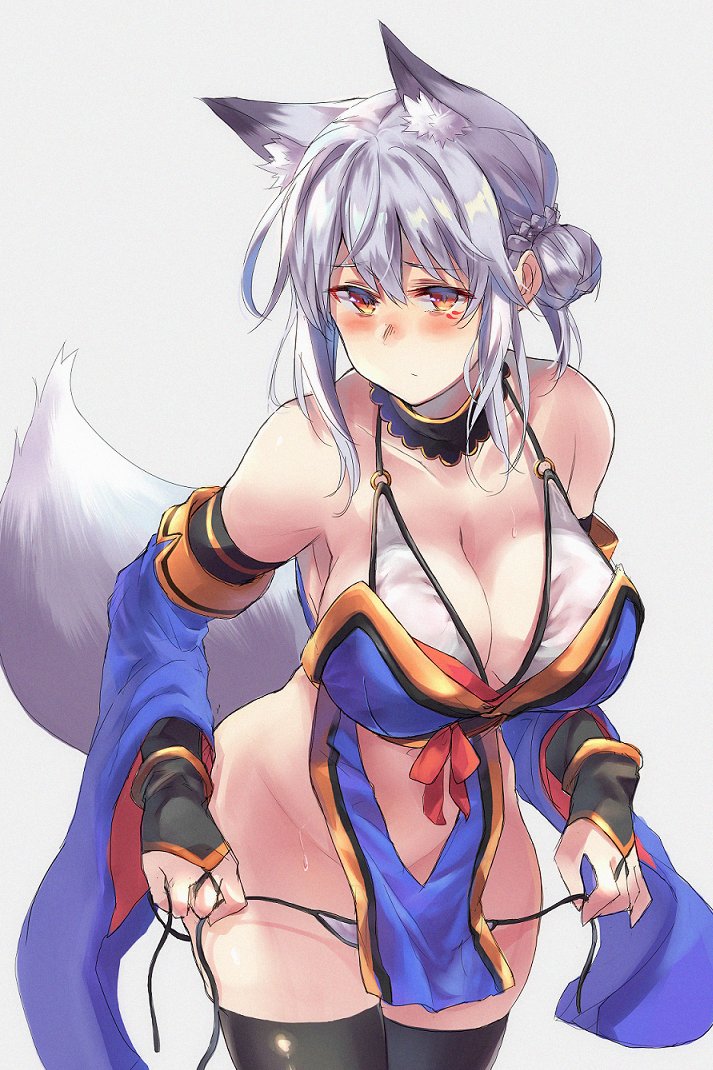 1girl animal_ear_fluff animal_ears black_gloves black_thighhighs breasts cleavage clothing_cutout cowboy_shot detached_sleeves elbow_gloves fox_ears fox_girl fox_tail gloves navel_cutout orange_eyes panties pelvic_curtain revealing_clothes sawaya_(mizukazu) side-tie_panties simple_background standing tail thighhighs underwear untied_panties wide_sleeves