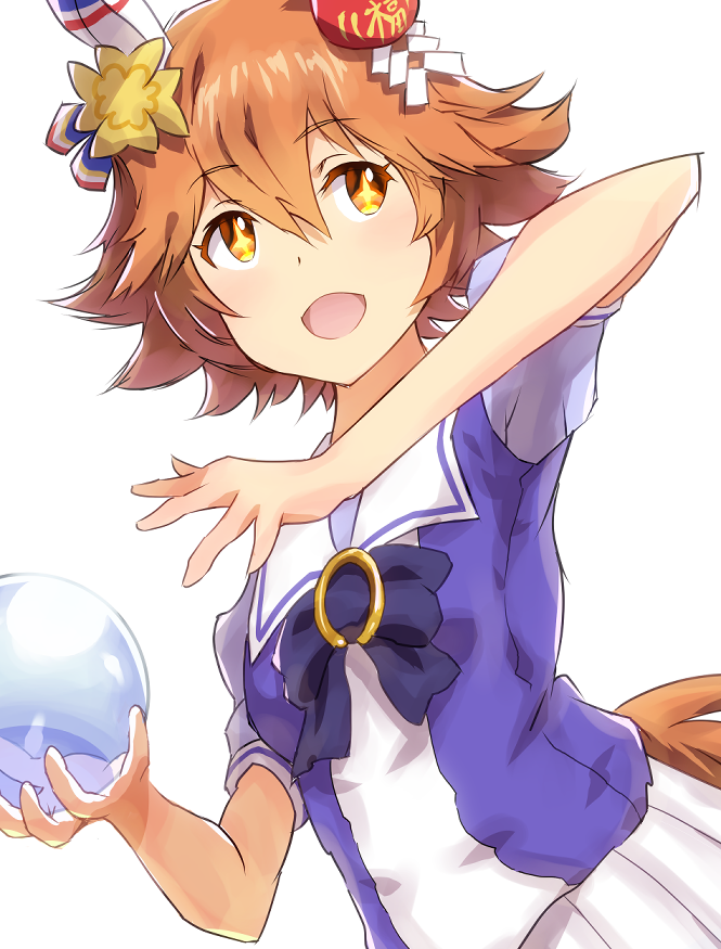 +_+ 1girl animal_ears bow clover_hair_ornament commentary_request daruma_doll ear_covers flipped_hair hair_between_eyes hair_ornament holding_orb horse_ears horse_girl horse_tail looking_at_viewer matikanefukukitaru_(umamusume) open_mouth orange_eyes orange_hair orb puffy_short_sleeves puffy_sleeves purple_bow purple_shirt school_uniform shirt short_hair short_sleeves simple_background single_ear_cover skirt smile solo summer_uniform tail tracen_school_uniform umamusume upper_body white_background yrsknish