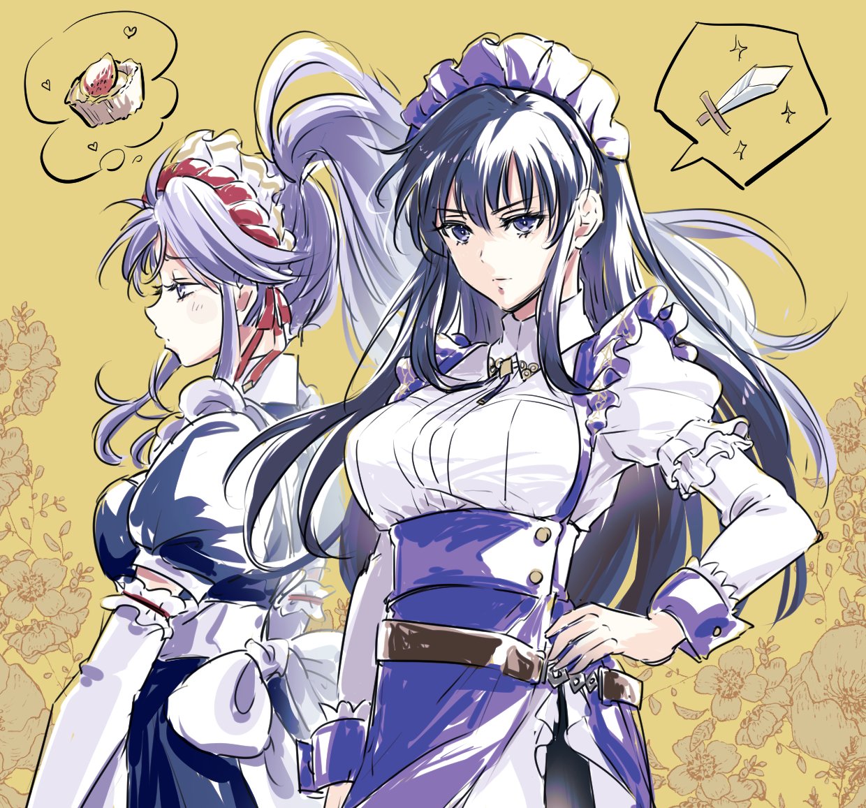 2girls apron ayra_(fire_emblem) ayra_(tea_party)_(fire_emblem) black_hair breasts elbow_gloves fire_emblem fire_emblem:_genealogy_of_the_holy_war floral_background flower food gloves hand_on_own_hip long_hair long_sleeves maid maid_headdress medium_breasts mixed-language_commentary multiple_girls official_alternate_costume parted_lips ponytail purple_eyes purple_hair sidelocks speech_bubble sword tailtiu_(fire_emblem) tailtiu_(tea_party)_(fire_emblem) thought_bubble umi_(_oneinchswing) upper_body weapon yellow_background