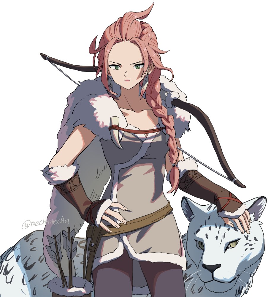 1girl arrow_(projectile) bow_(weapon) braid brown_gloves brown_hair closed_mouth collarbone commentary_request fingerless_gloves gloves green_eyes h'aanit_(octopath_traveler) hand_on_own_hip leopard long_hair looking_at_viewer low-tied_long_hair mechnmechn octopath_traveler octopath_traveler_i open_mouth quiver side_braid simple_background snout standing v-shaped_eyebrows weapon white_background white_fur yellow_eyes