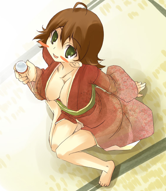 ahoge alcohol barefoot breasts brown_hair cleavage copyright_request green_eyes japanese_clothes kimono large_breasts sake solo takamura_kazuha