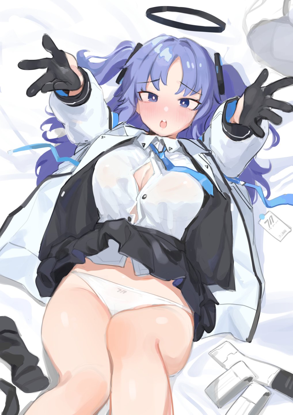 black_gloves blue_archive blue_eyes blue_hair breasts cleavage djheycha gloves hair_intakes halo highres jacket large_breasts long_hair lying necktie on_back on_bed open_clothes open_shirt outstretched_arms panties school_uniform skirt twintails underwear white_panties yuuka_(blue_archive)