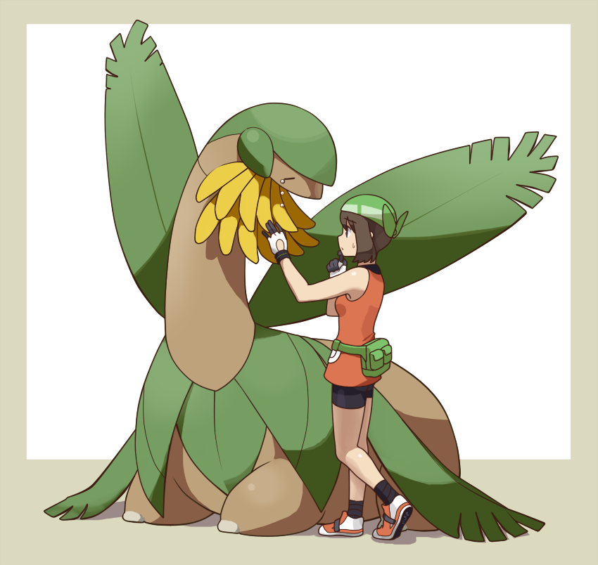 1girl bandana black_shorts black_socks border brown_hair crying full_body green_bag green_bandana grey_border may_(pokemon) mochiko_(komegasi) orange_footwear orange_shirt pokemon pokemon_(creature) pokemon_emerald pokemon_rse shirt short_hair shorts socks tears tropius two-tone_gloves