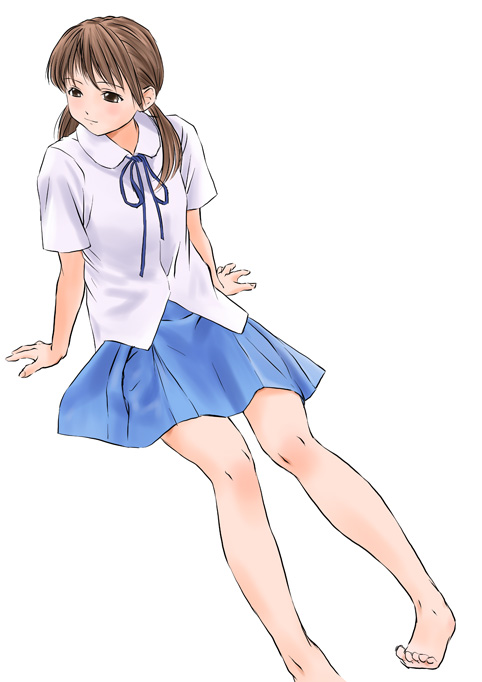 barefoot bucho feet legs original school_uniform sitting skirt solo twintails