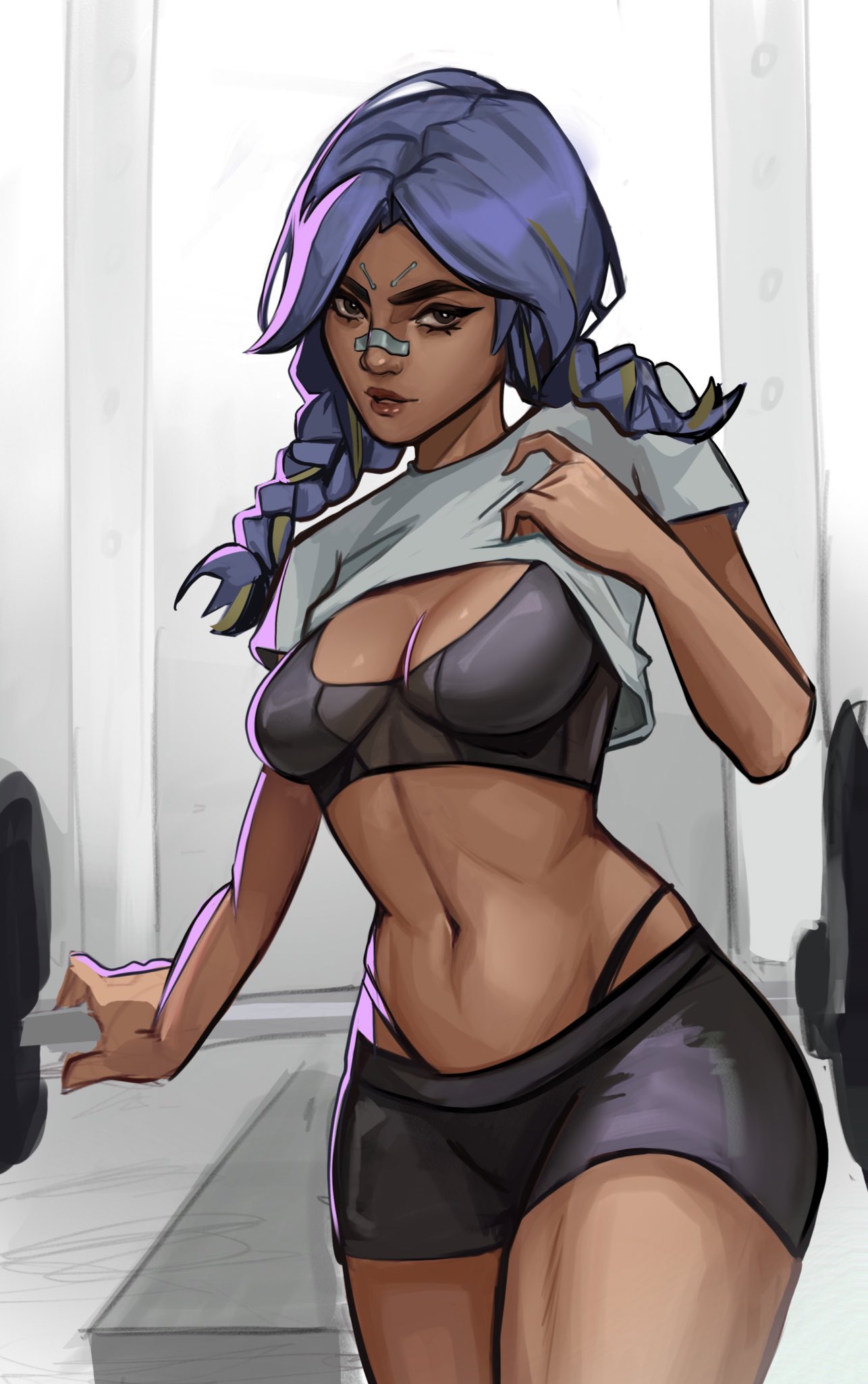 1girl bandaid bandaid_on_face bandaid_on_nose barbell bike_shorts black_shorts black_sports_bra blue_hair braid breasts brown_eyes cowboy_shot cropped_shirt dark-skinned_female dark_skin grabbing grabbing_another's_breast highres indoors lips medium_hair midriff neon_(valorant) panty_straps parted_lips red_lips shirt shorts small_breasts solo sports_bra twin_braids valorant vile_(vile_jp) white_shirt