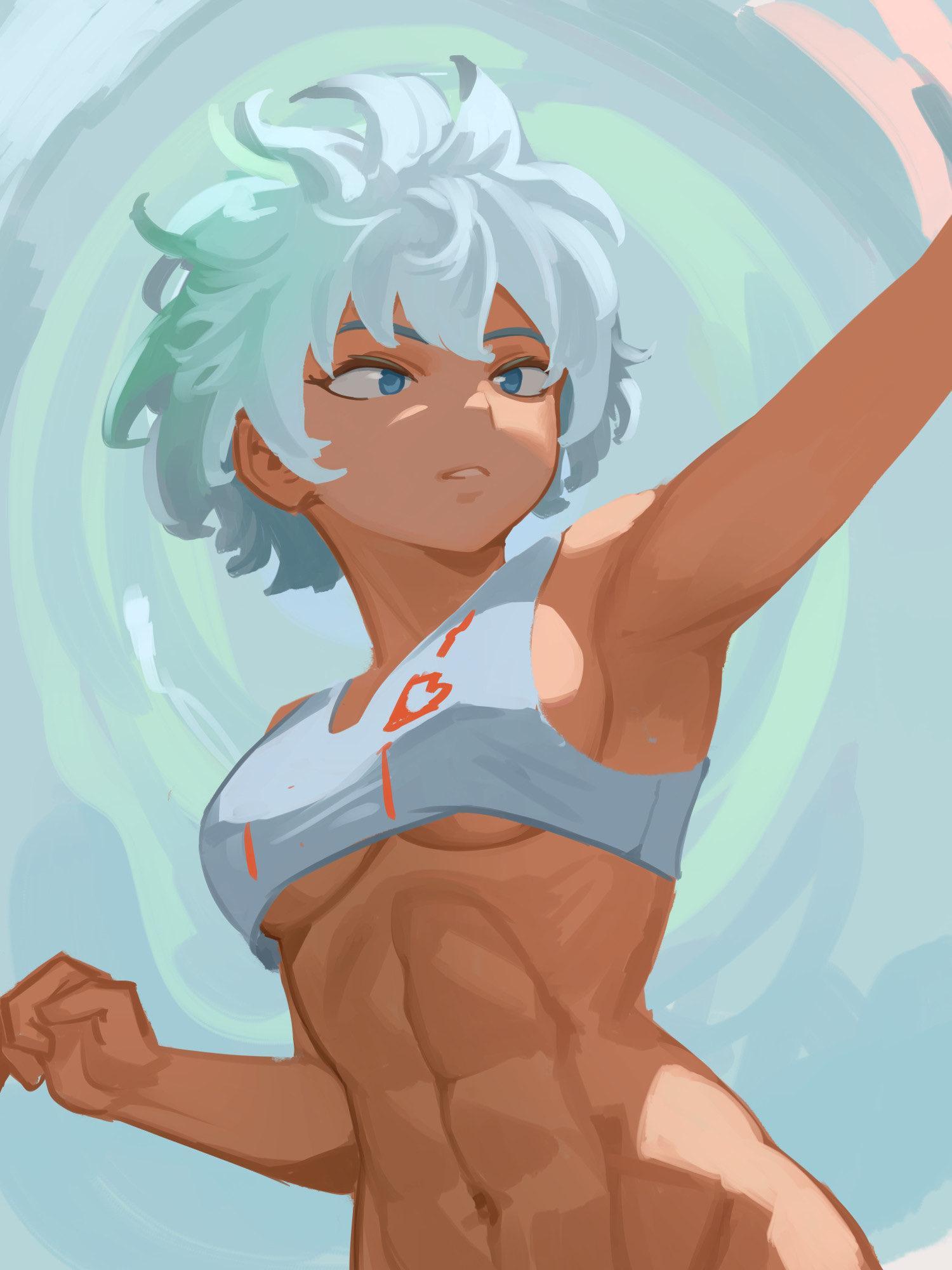 1girl abs armpits blue_background blue_eyes breasts cropped_shirt curled_fingers from_below groin hand_up highres horikoshi_kouhei_(style) looking_afar looking_to_the_side messy_hair muscular muscular_female navel no_pants original outstretched_arm parody parted_lips short_hair sideboob smaragdus solo style_parody tank_top underboob very_short_hair white_tank_top