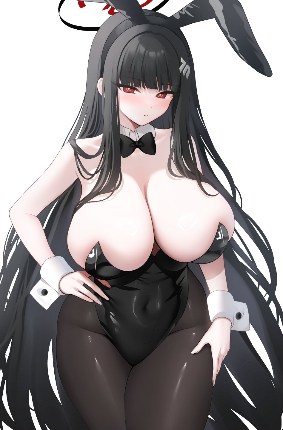1girl alternate_costume animal_ears bare_shoulders black_bow black_bowtie black_hair black_leotard black_pantyhose blue_archive blush bow bowtie breasts commentary_request cowboy_shot detached_collar fake_animal_ears hand_on_own_hip highres large_breasts leotard long_hair looking_at_viewer miko_(royal_milk) pantyhose playboy_bunny rabbit_ears red_eyes rio_(blue_archive) simple_background solo strapless strapless_leotard very_long_hair white_background white_wrist_cuffs wrist_cuffs