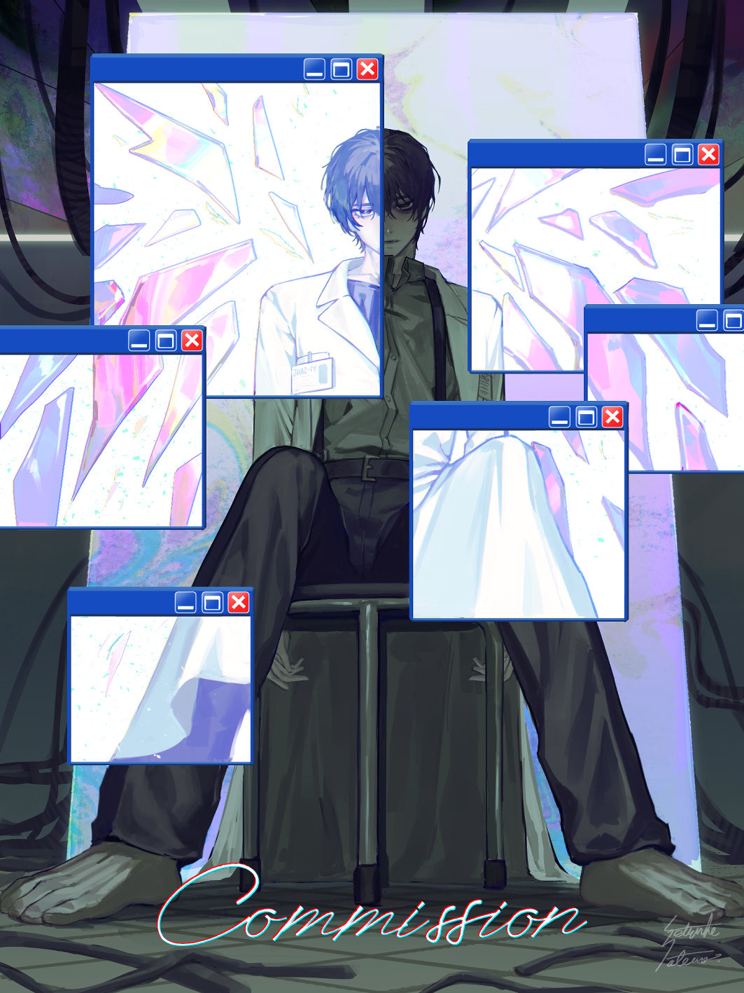 1boy barefoot black_eyes black_hair black_pants coat collared_shirt commission crystal_wings e.g.o_(project_moon) highres id_card lab_coat limbus_company looking_at_viewer pants parted_lips project_moon revealing_layer sang_yi_(project_moon) satome_setsuko shirt sitting skeb_commission stool suspenders white_coat white_shirt window_(computing) windows_xp yi_sang_(project_moon)