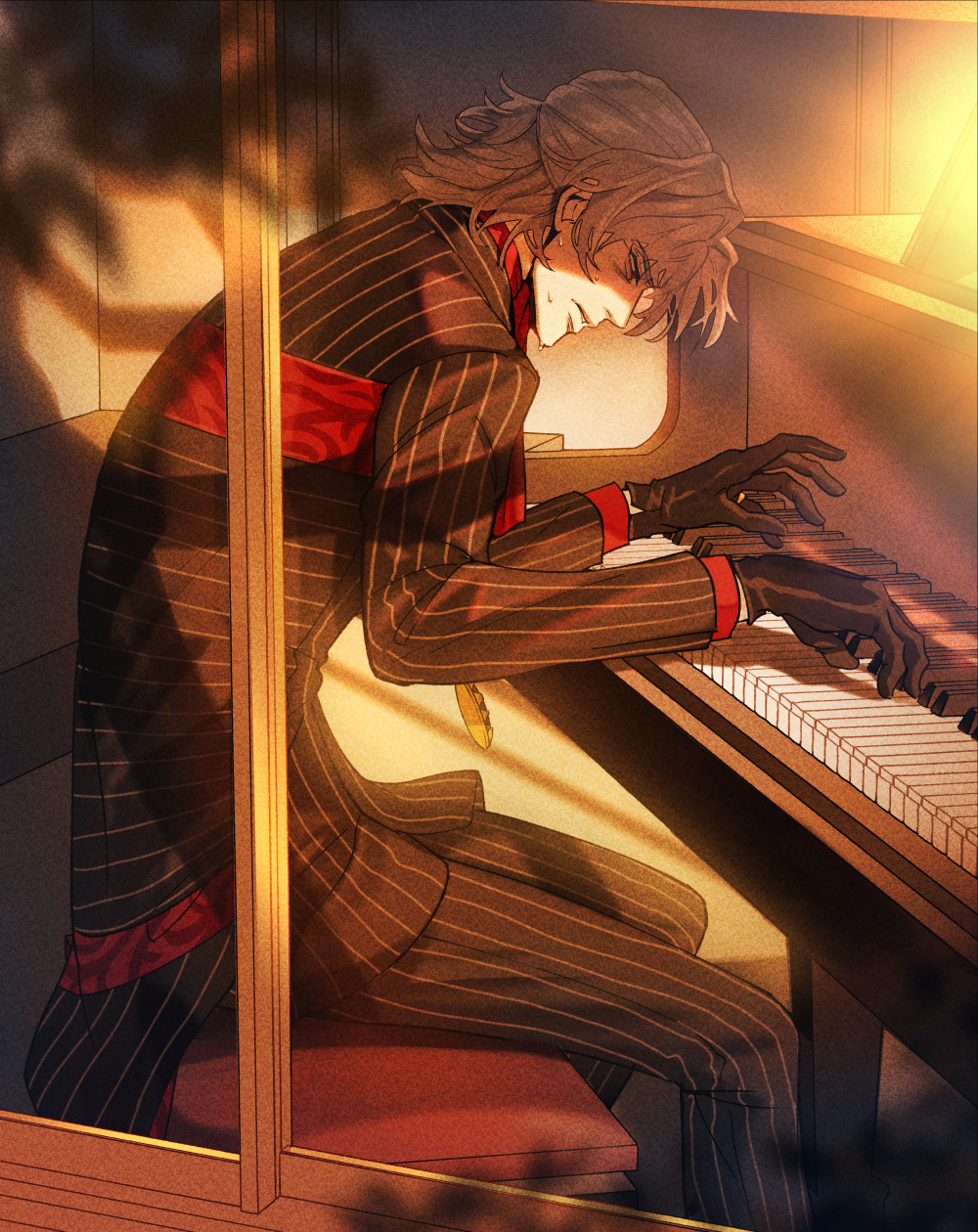 1boy antonio_salieri_(fate) antonio_salieri_(second_ascension)_(fate) ascot bent_back bevel black_gloves black_jacket black_pants black_suit concentrating fate/grand_order fate_(series) from_side gloves grey_hair hair_between_eyes half_updo highres indoors instrument jacket long_sleeves looking_down male_focus medium_hair music pants parted_lips piano piano_bench pinstripe_pattern pinstripe_suit playing_instrument playing_piano red_ascot red_shirt shirt sitting solo squinting suit sweat