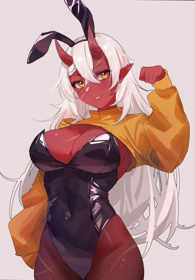 1girl akumi_(yoclesh) animal_ears black_leotard breasts brown_eyes cleavage colored_skin commentary covered_navel english_commentary fake_animal_ears grey_background hair_between_eyes horns indie_virtual_youtuber juwei large_breasts leotard long_hair looking_at_viewer playboy_bunny pointy_ears rabbit_ears red_hair red_horns red_skin scar scar_on_breasts scar_on_face scar_on_leg simple_background solo thighs virtual_youtuber white_hair