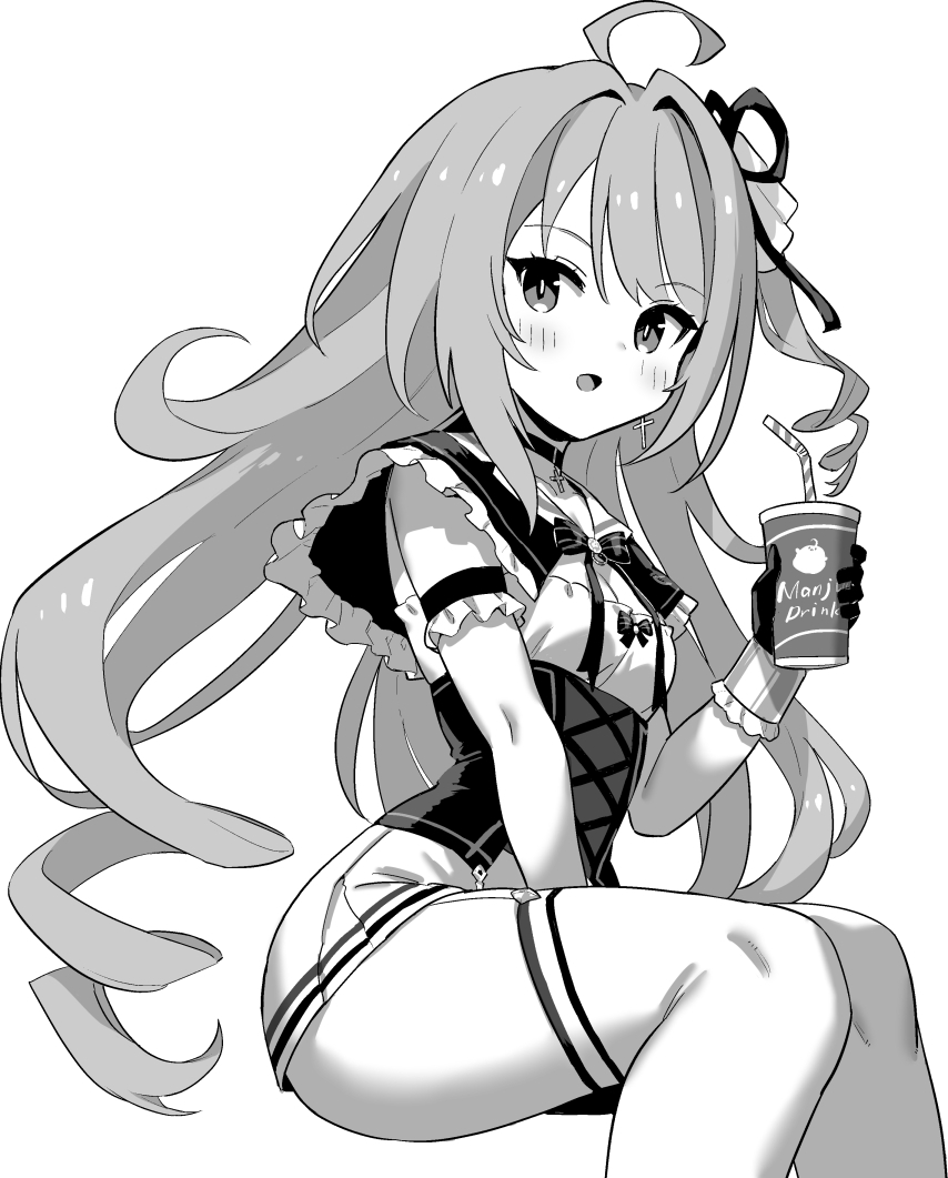 1girl ahoge azur_lane azur_lane:_slow_ahead choker cross cross_choker cross_earrings cup drinking_straw earrings grey_hair greyscale hand_up holding holding_cup hori_(hori_no_su) jewelry l'opiniatre_(azur_lane) long_hair looking_at_viewer monochrome official_art one_side_up simple_background sitting solo thighhighs tri_drills white_background