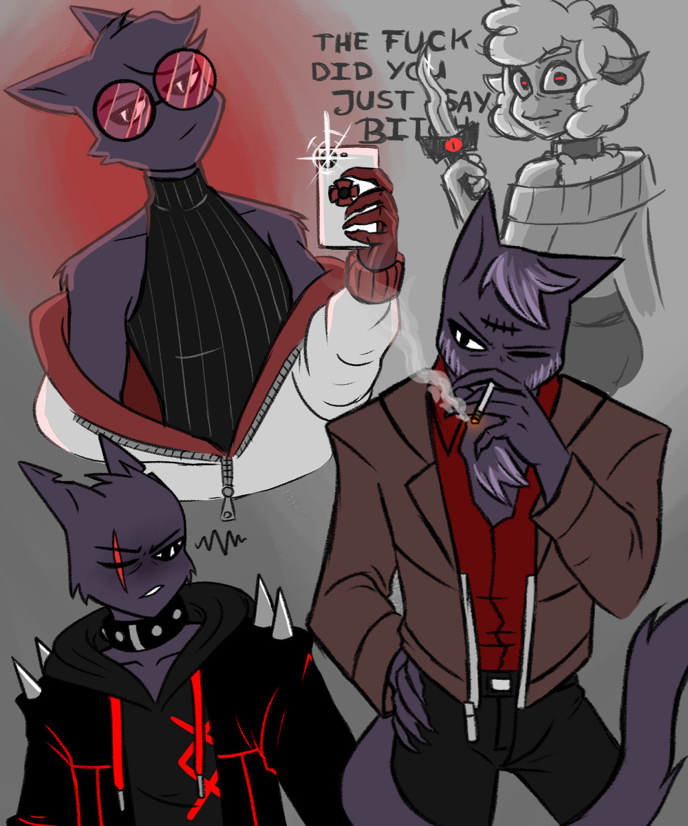 alternate_universe ambiguous_gender anthro aym_(cult_of_the_lamb) baal_(cult_of_the_lamb) bovid caprine cigarette clothed clothing cult_of_the_lamb dashing-through-ecto domestic_cat eye_scar facial_scar fashion felid feline felis fluffy group hi_res horn lamb_(cult_of_the_lamb) long_tail male mammal massive_monster_(studio) narinder red_crown_(cult_of_the_lamb) scar sheep smoking smoking_cigarette tail the_one_who_waits tuft weapon
