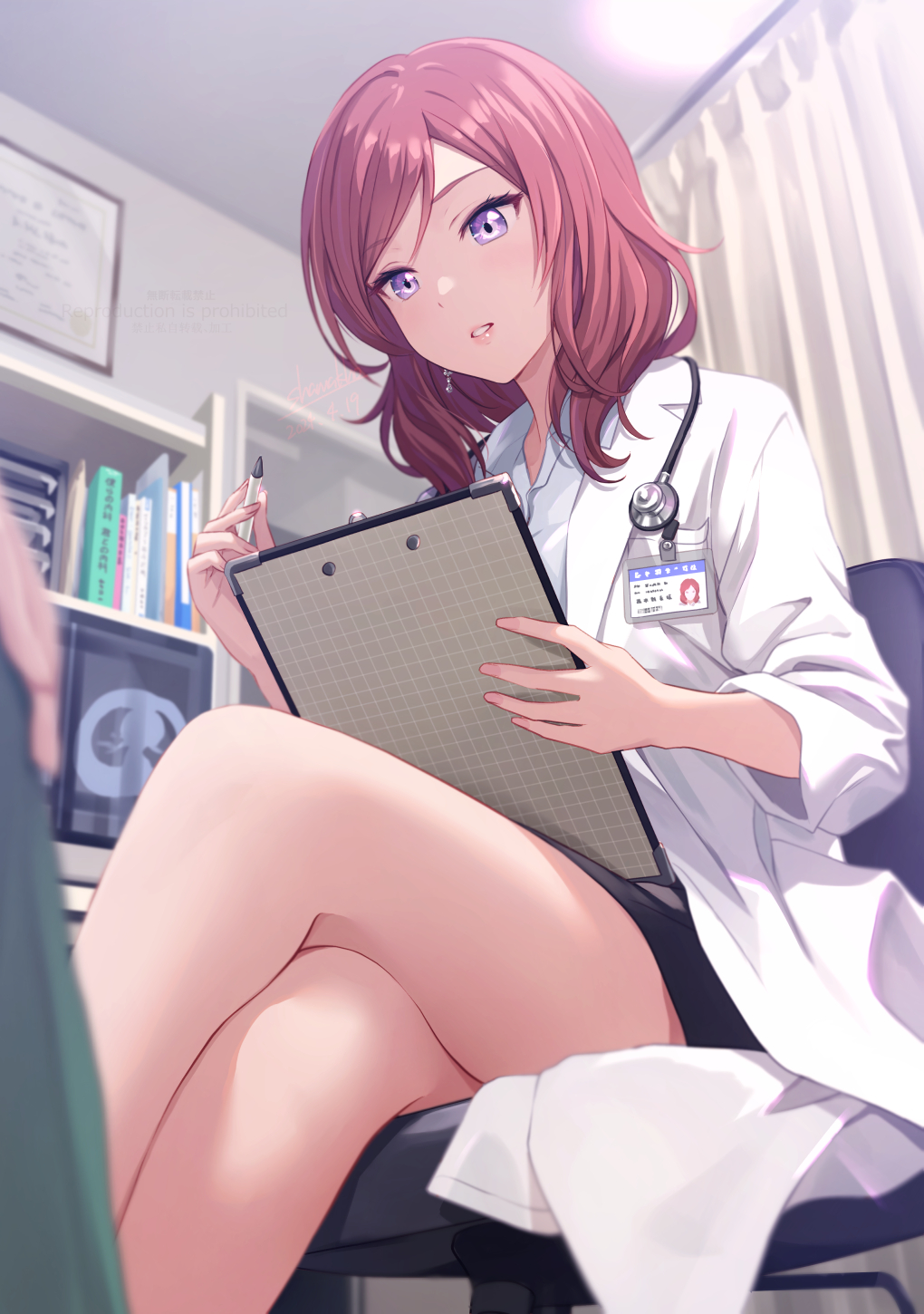 1girl aged_up black_skirt clipboard collared_shirt commentary_request crossed_legs doctor earrings from_below highres id_card indoors jewelry lab_coat love_live! love_live!_school_idol_project medium_hair nishikino_maki on_chair purple_eyes red_hair shamakho shirt skirt solo_focus stethoscope swivel_chair white_shirt