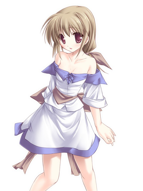 :d bangs bare_shoulders blonde_hair blush bow brown_hair copyright_request detached_sleeves flat_chest hair_ribbon long_hair looking_at_viewer off_shoulder open_mouth ponytail purple_eyes ribbon sash simple_background skirt sleeves_rolled_up smile solo standing tenmaso
