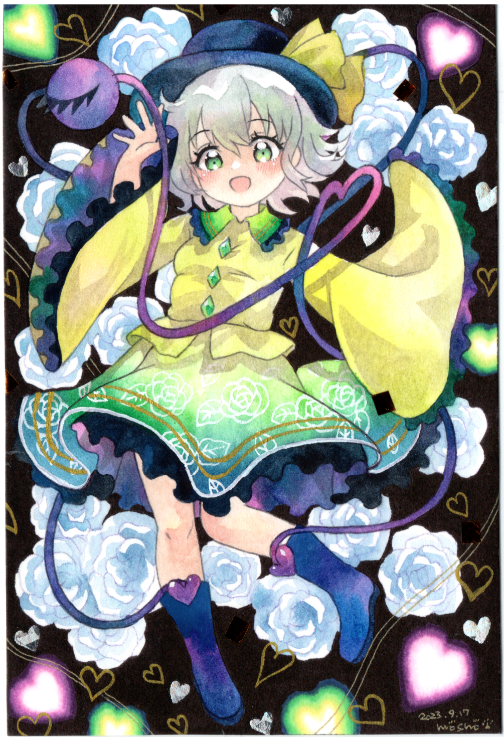 1girl black_hat blue_footwear blush collared_shirt dated eyelashes green_eyes green_skirt grey_hair hat hat_ribbon highres komeiji_koishi mosho open_mouth ribbon shirt short_hair signature skirt solo touhou traditional_media wide_sleeves yellow_ribbon yellow_shirt