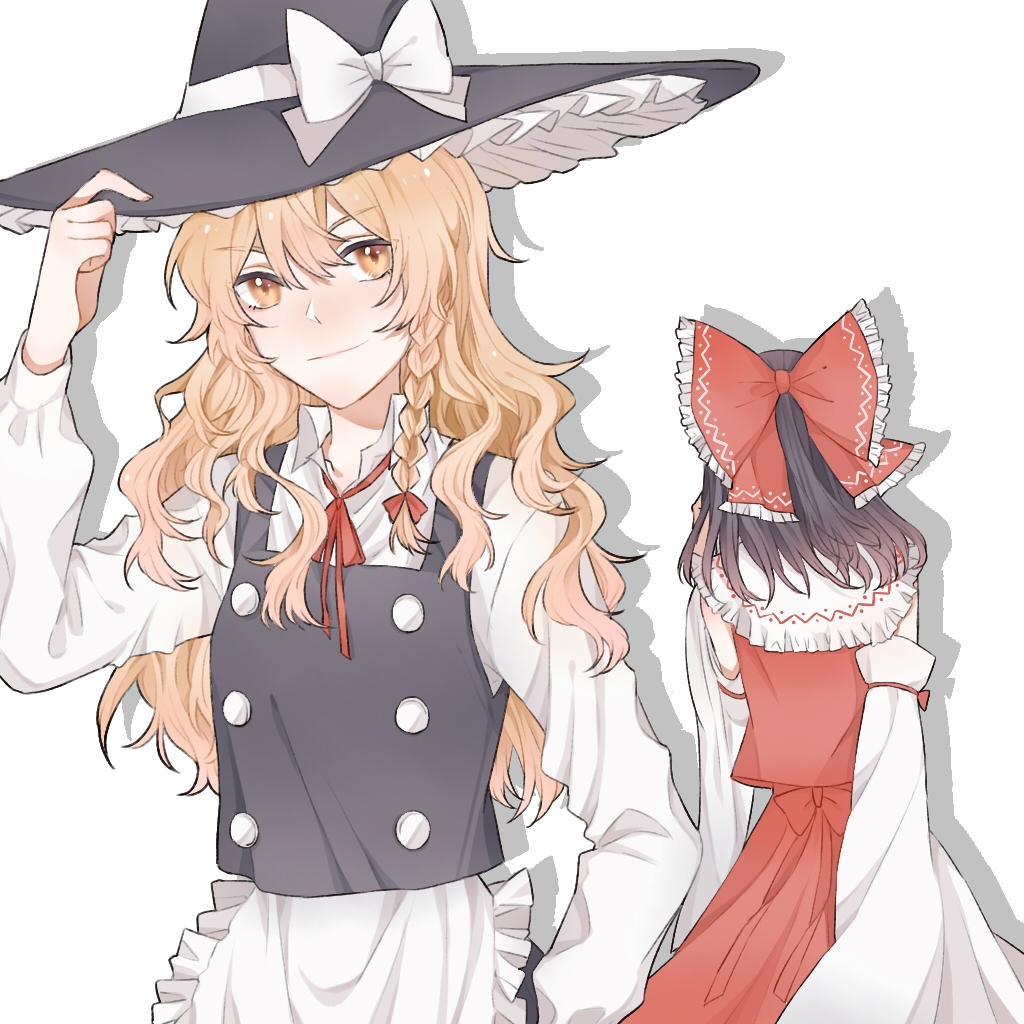 2girls adjusting_clothes adjusting_headwear apron black_hair black_hat black_vest blonde_hair bow braid closed_mouth commentary detached_sleeves hair_bow hakurei_reimu hat hat_bow hitte5416 kirisame_marisa long_hair long_sleeves medium_hair multiple_girls red_bow red_shirt red_skirt shadow shirt side_braid simple_background skirt smile touhou vest waist_apron white_apron white_background white_bow white_shirt witch_hat yellow_eyes