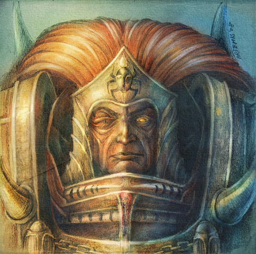 1boy ancient_egyptian_hat armor artist_name breastplate closed_mouth colored_skin commentary english_commentary long_hair magnus_the_red male_focus missing_eye noldofinve pauldrons power_armor primarch red_hair red_skin scarab shoulder_armor signature solo straight-on the_horned_raiment thousand_sons traditional_media upper_body warhammer_40k yellow_eyes