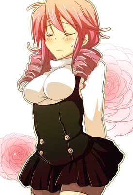 arms_behind_back blush breasts closed_eyes drill_hair feldt_grace gundam gundam_00 hio_(artist) large_breasts lowres pink_hair skirt solo twin_drills twintails