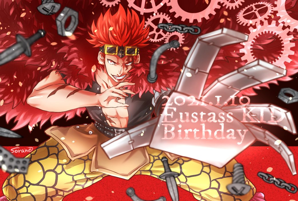 1boy abs aiming aiming_at_viewer birthday character_name choco_spica commentary_request dated eustass_kid gears goggles goggles_on_head hair_up knife male_focus mechanical_arms nail one_piece pants red_background red_hair scar scar_on_arm scar_on_face short_hair single_mechanical_arm solo yellow_pants