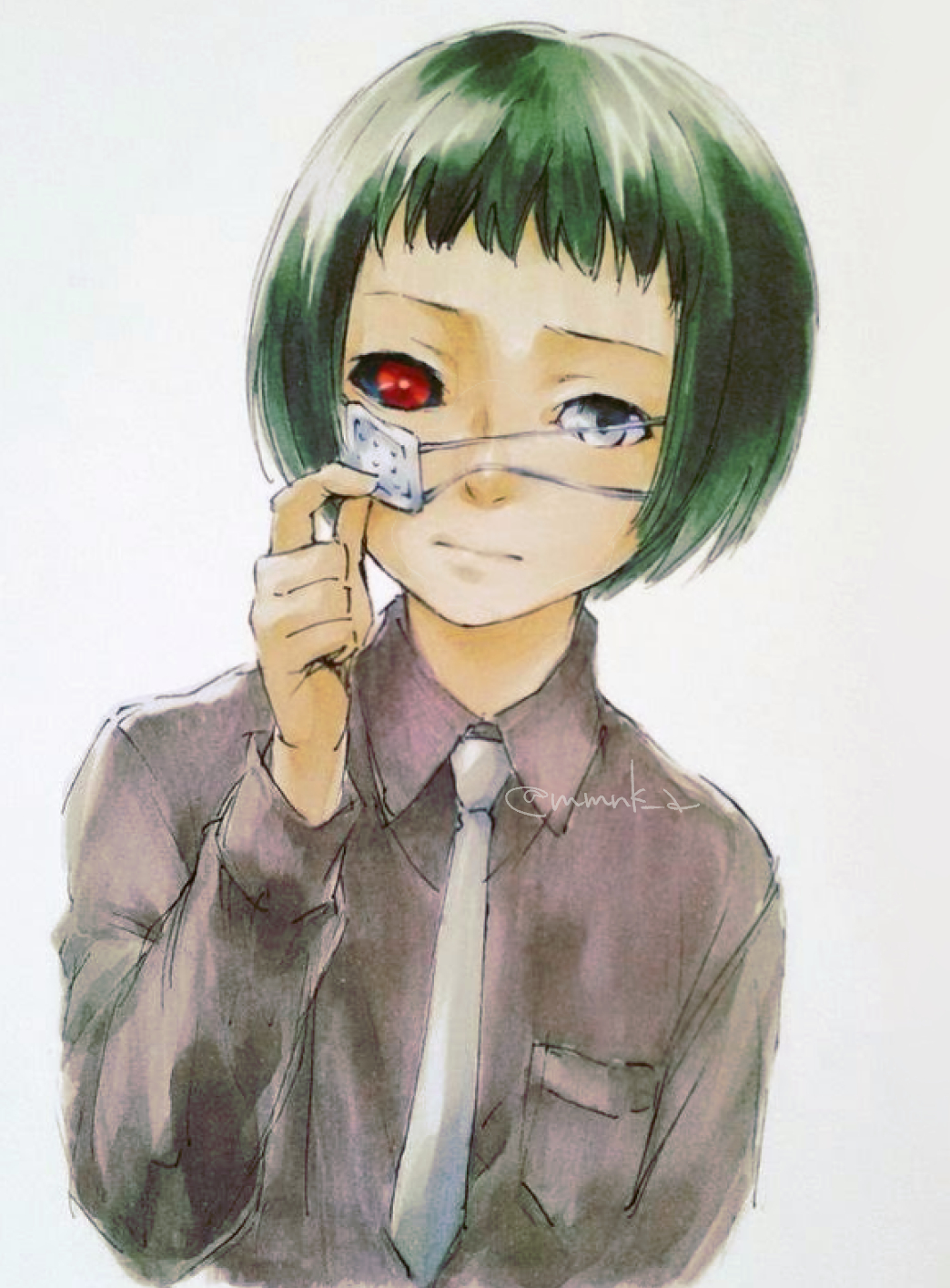 1girl akari-mmnk black_sclera breast_pocket brown_shirt collared_shirt colored_sclera eyepatch eyepatch_pull green_hair grey_background grey_necktie heterochromia highres mutsuki_tooru necktie pocket red_eyes shirt short_hair simple_background solo tokyo_ghoul tokyo_ghoul:re