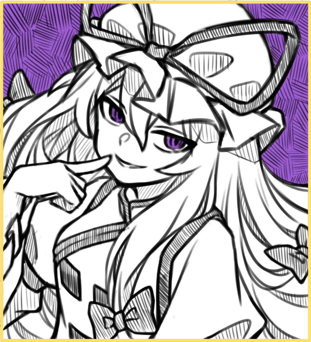 1girl breasts ch00suke hat hat_ribbon juliet_sleeves limited_palette long_sleeves looking_at_viewer mob_cap parted_lips pointing pointing_at_self puffy_sleeves purple_background purple_eyes ribbon seductive_smile simple_background small_breasts smile solo tabard touhou upper_body yakumo_yukari