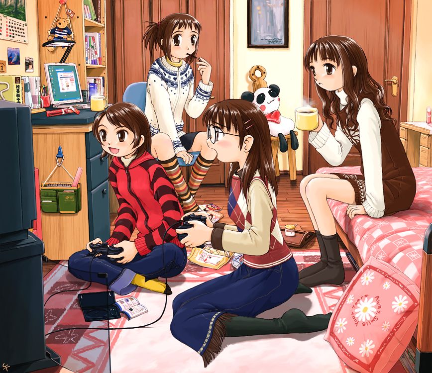 argyle bed bedroom brown_hair chair coffee computer controller desk food game_console game_controller glasses gozenta hood hooded_jacket indoors jacket laptop multiple_girls original panda pantyhose playing_games playstation playstation_2 pocky product_placement raglan_sleeves room rug socks striped striped_legwear stuffed_animal stuffed_toy sweater video_game