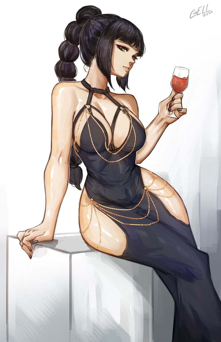 1girl alcohol alternate_costume arm_support baldur's_gate baldur's_gate_3 black_hair braid breasts cup drinking_glass dungeons_&amp;_dragons elf gelldraws green_eyes highres holding holding_cup large_breasts long_hair looking_at_viewer multi-tied_hair pointy_ears scar scar_on_face shadowheart_(baldur's_gate) sitting smile solo wine wine_glass
