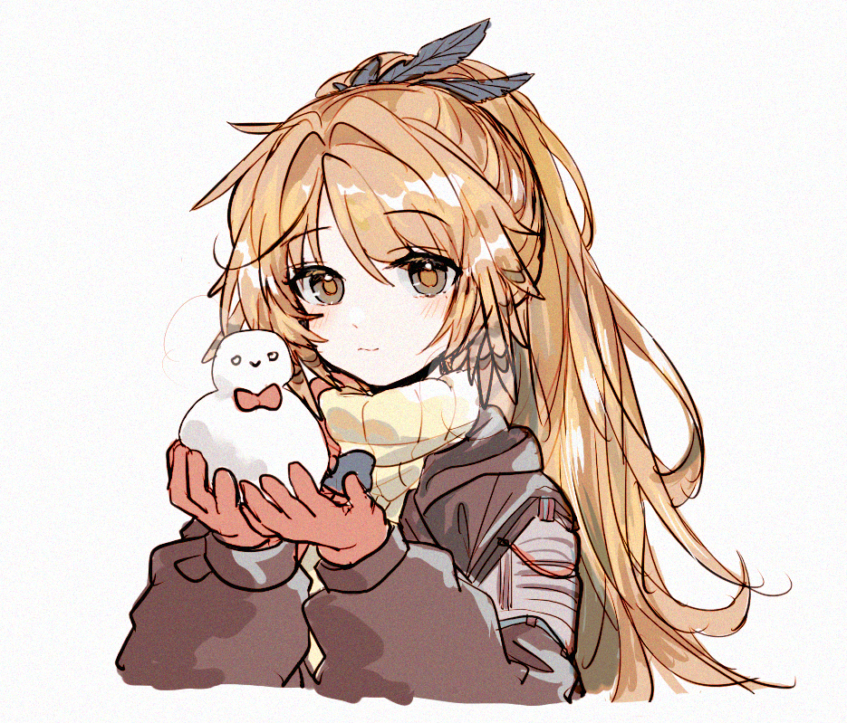 1girl arknights black_eyes black_jacket blush closed_mouth cropped_torso dot_nose feather_hair gloves hair_between_eyes hair_intakes half_updo hansuitianer high_ponytail holding_snowman jacket long_hair long_sleeves looking_at_viewer open_clothes open_jacket orange_hair orange_pupils own_hands_together pinecone_(arknights) red_gloves sidelocks simple_background smile snowman solo sweater turtleneck turtleneck_sweater white_background yellow_sweater