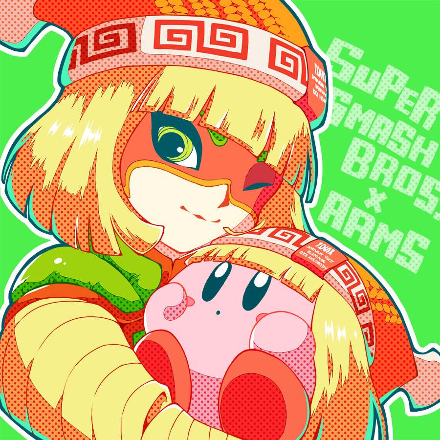 arms_(game) blonde_hair blush_stickers colored_skin copy_ability cosplay domino_mask green_background green_eyes kirby kirby_(series) knit_hat mask min_min_(arms) min_min_(arms)_(cosplay) one_eye_closed outline pink_skin short_hair solid_oval_eyes super_smash_bros. white_outline yuni_(unitary_580)