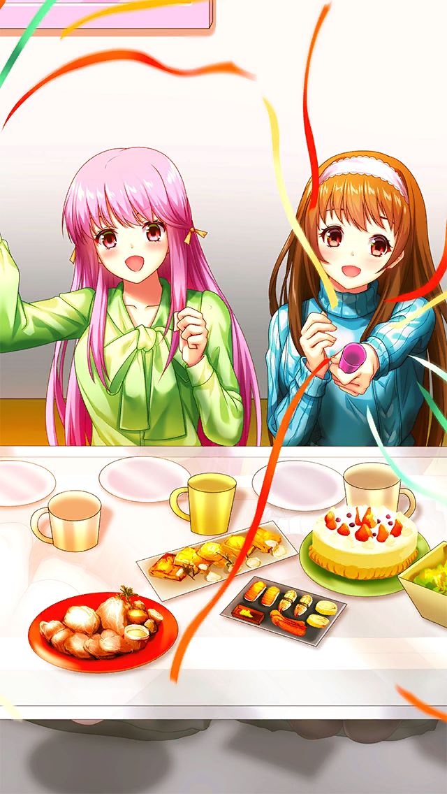 2girls :d blue_sweater brown_eyes brown_hair cake doukyuusei doukyuusei_another_world food game_cg green_shirt hair_ribbon hairband indoors kakyuusei long_hair long_sleeves looking_at_viewer multiple_girls official_art open_mouth pink_hair red_eyes ribbon sakuragi_mai shirt smile sweater very_long_hair white_hairband yellow_ribbon yuuki_mizuho