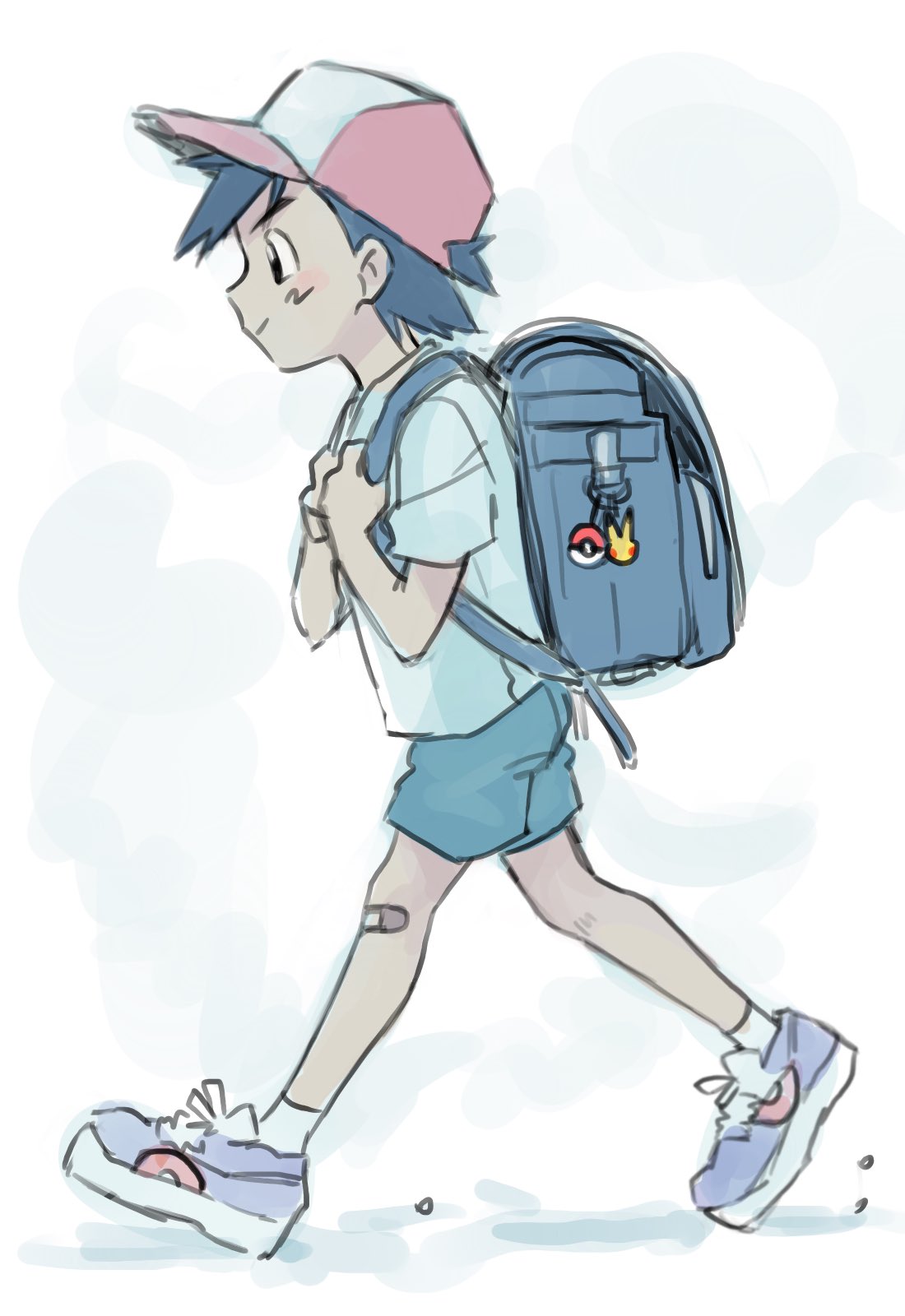 1boy aihara_(ihara113o) ash_ketchum backpack bag bandaid bandaid_on_leg baseball_cap blue_shirt closed_mouth commentary_request full_body hat highres male_focus pokemon purple_footwear shirt shorts simple_background solo standing white_background