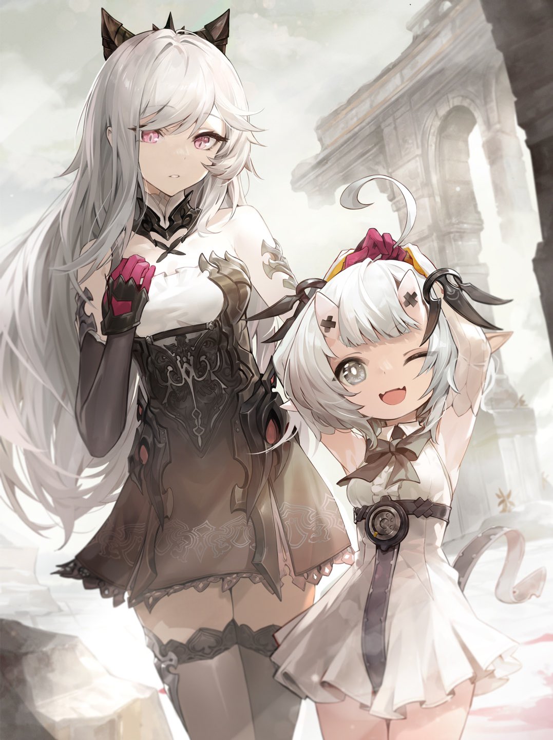 2girls ahoge armpits black_dress black_thighhighs breasts character_request cloud cloudy_sky demon_girl demon_horns detached_sleeves dress duet_night_abyss fangs goomrrat grey_eyes hair_ornament hands_up highres horns long_hair looking_at_viewer medium_breasts multiple_girls open_mouth outdoors red_ribbon ribbon ruins short_hair sky small_breasts smile standing thighhighs white_dress white_hair