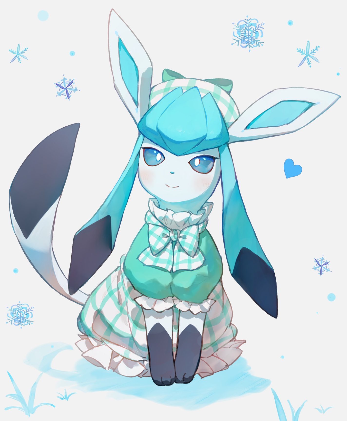 aqua_eyes blush bow bowtie bright_pupils closed_mouth clothed_pokemon commentary_request frilled_shirt frills full_body glaceon green_shirt hat highres no_humans pokemon pokemon_(creature) shirt sitting smile snowflakes solo white_background white_pupils yosame0a