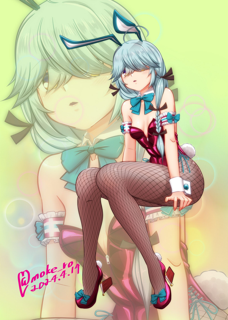 1girl ahoge animal_ears bare_shoulders black_ribbon blue_bow blue_bowtie blush bow bowtie braid breasts brown_eyes dated detached_collar fake_animal_ears fake_tail fishnet_pantyhose fishnets gradient_background green_background grey_hair hair_over_eyes hair_over_one_eye hair_ribbon hamanami_(kancolle) high_heels kantai_collection leotard long_hair long_sleeves looking_at_viewer moke_ro open_mouth pantyhose pink_footwear pink_leotard playboy_bunny rabbit_ears rabbit_tail ribbon signature single_braid sitting small_breasts smile solo strapless strapless_leotard tail wrist_cuffs zoom_layer