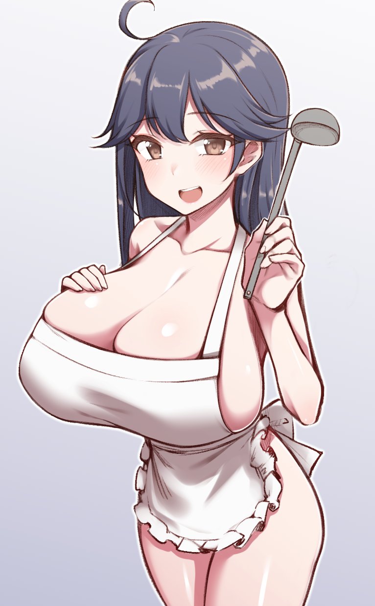 1girl ahoge apron black_hair breasts brown_eyes cleavage collarbone cowboy_shot frilled_apron frills gradient_background grey_background highres huge_breasts kantai_collection ladle long_hair naked_apron solo ushio_(kancolle) white_apron yuki_to_hana