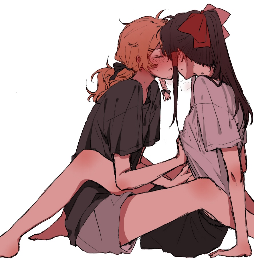 2girls bare_legs barefoot black_hair black_ribbon black_shorts blonde_hair blush bow braid breath closed_eyes commentary ear_blush grey_shorts hair_bow hair_ornament hair_ribbon hairclip hakurei_reimu hand_under_clothes hand_under_shirt hitte5416 kirisame_marisa long_hair multiple_girls parted_lips ponytail red_bow ribbon shirt short_sleeves shorts side_braid simple_background sitting sitting_between_lap sweat touhou white_background white_shirt yuri