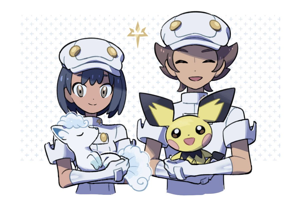 1boy 1girl aether_foundation_employee aether_foundation_uniform alolan_vulpix black_hair brown_eyes brown_hair closed_mouth dark-skinned_female dark-skinned_male dark_skin gloves hat holding holding_pokemon open_mouth pichu pokemon pokemon_(creature) pokemon_sm rii_(mrhc7482) shirt short_hair smile upper_body white_gloves white_hat white_shirt