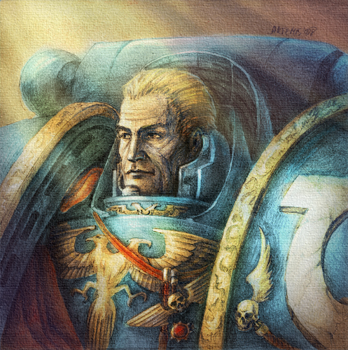 1boy armor armor_of_reason_(warhammer) artist_name blonde_hair blue_armor breastplate closed_mouth commentary english_commentary imperial_aquila lowres male_focus noldofinve pauldrons power_armor primarch roboute_guilliman short_hair shoulder_armor signature solo sunlight traditional_media ultramarines upper_body warhammer_40k yellow_eyes