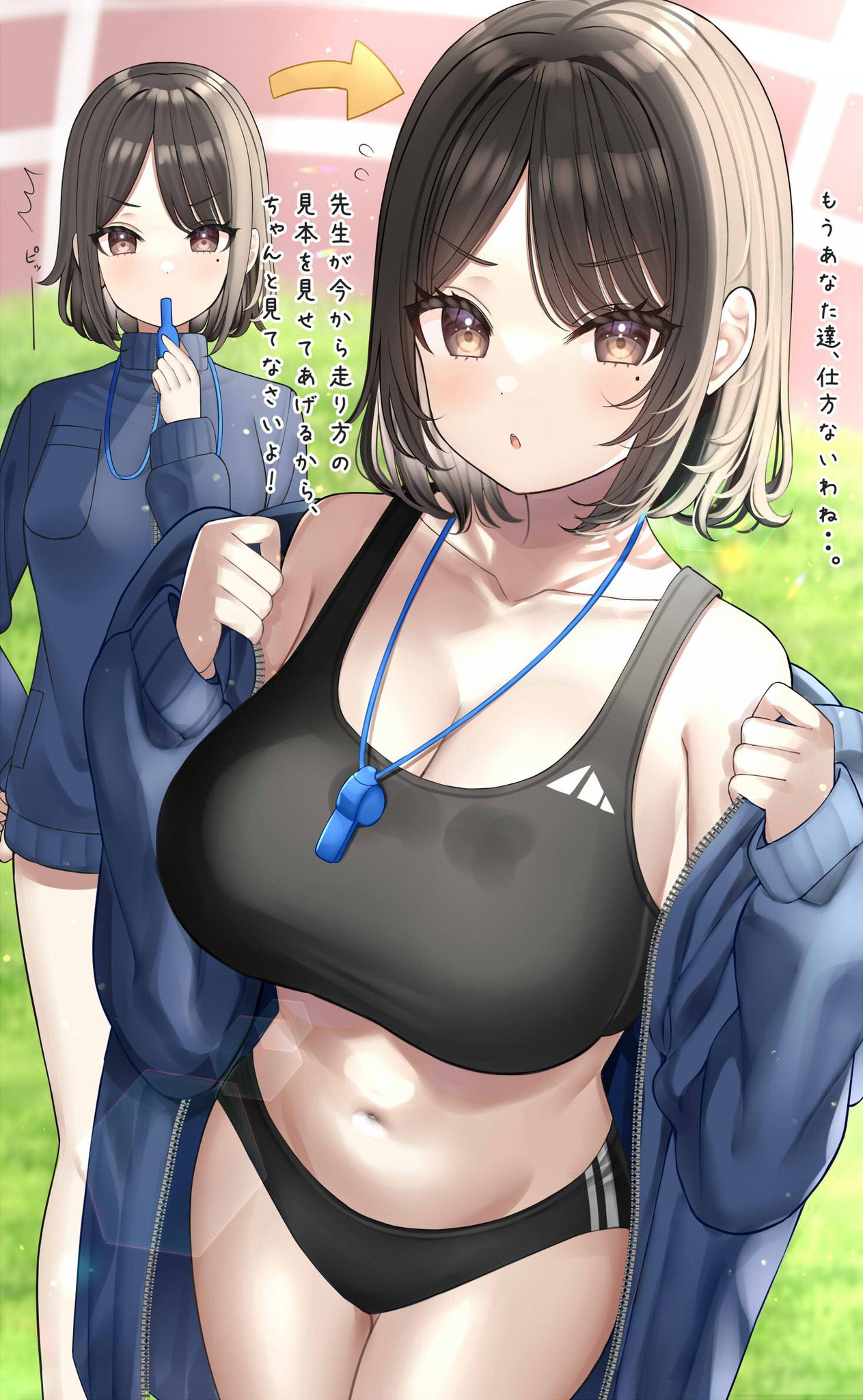 1girl :o breasts brown_eyes brown_hair highres jersey large_breasts mizukoshi_(marumi) original outdoors solo sports_bra sports_panties sportswear translation_request whistle whistle_around_neck