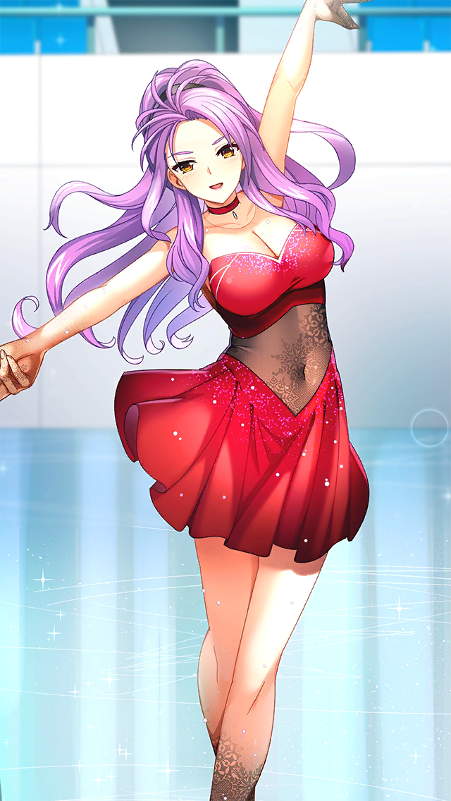 1girl arm_up bare_arms breasts brown_eyes choker cleavage collarbone covered_navel doukyuusei_2 doukyuusei_another_world dress figure_skating figure_skating_dress floating_hair game_cg ice_skating katagiri_mirei large_breasts long_hair looking_at_viewer official_art open_mouth pleated_dress purple_hair red_choker red_dress see-through see-through_dress short_dress skating solo very_long_hair