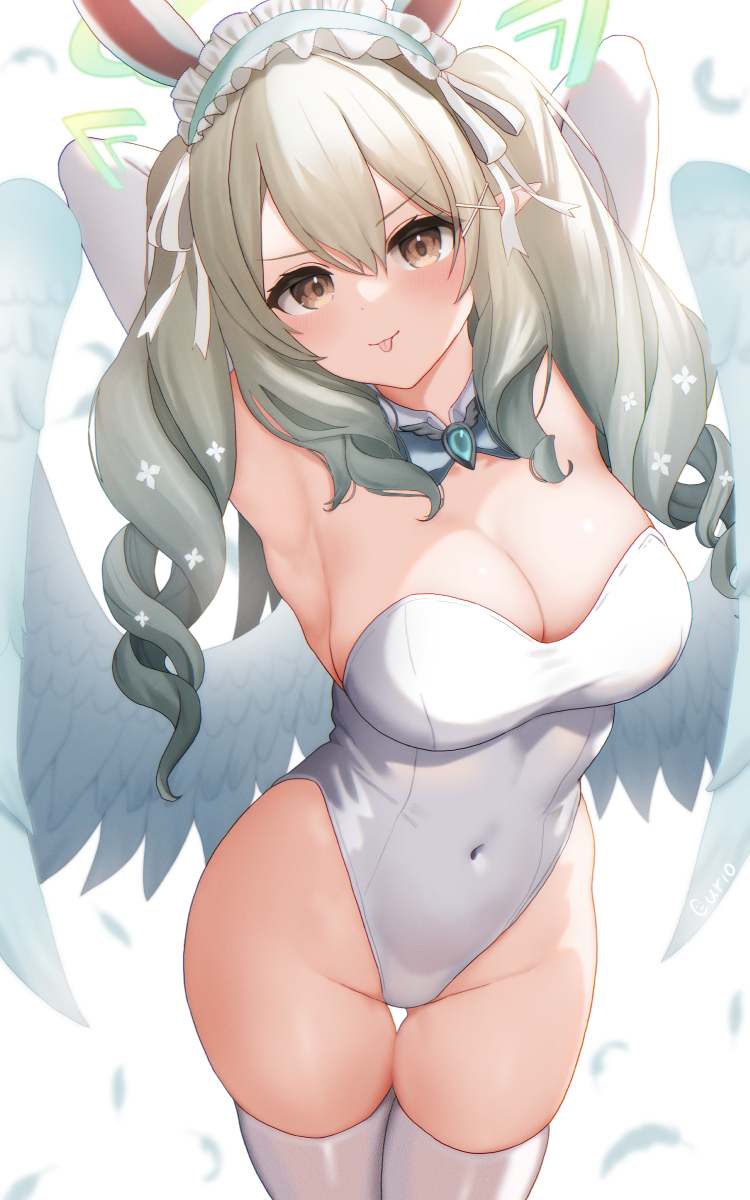 1girl angel angel_wings animal_ears armpits arms_up blush breasts brown_eyes cleavage commission covered_navel curio_(curiofinity) detached_collar elbow_gloves fake_animal_ears falling_feathers feathers gloves gradient_hair green_hair grey_hair hair_ornament hair_ribbon highres large_breasts leotard looking_at_viewer maid_headdress multicolored_hair nanase_eru playboy_bunny rabbit_ears rabbit_tail ribbon skeb_commission smile solo strapless strapless_leotard tail thighhighs tongue tongue_out varium virtual_youtuber white_gloves white_thighhighs wings wrist_cuffs