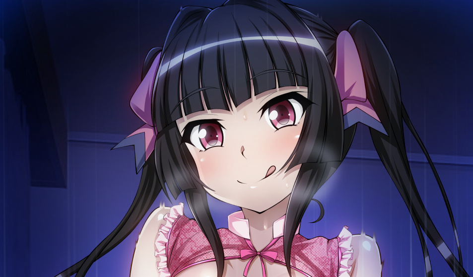 1girl amanatsu_mikan black_hair blush breasts dress eyebrows_hidden_by_hair hair_ribbon long_bangs long_hair looking_at_viewer motion_lines pink_dress pink_eyes pink_ribbon ribbon seductive_smile senki_zesshou_symphogear sleeveless sleeveless_dress small_breasts smile solo trembling tsukuyomi_shirabe twintails upper_body